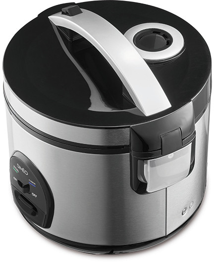 Silver and black rice cooker, with on/off and other controls. Top handle is visible.