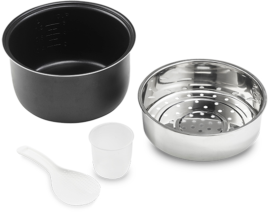 Rice cooker parts: black pot, stainless steel steamer, measuring cup, and spoon.