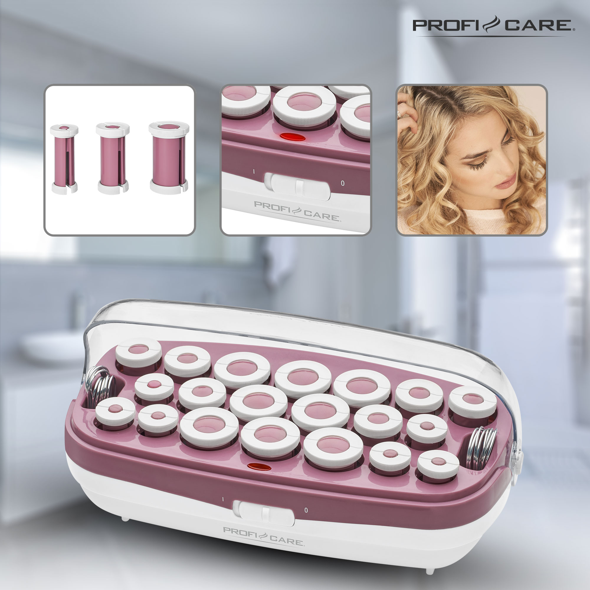 Ein rosa und weißer Lockenwickler-Set mit verschiedenen Größen und einem Modell.