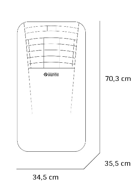 Dibujo lineal blanco de un aire acondicionado. Se muestran las dimensiones del producto.