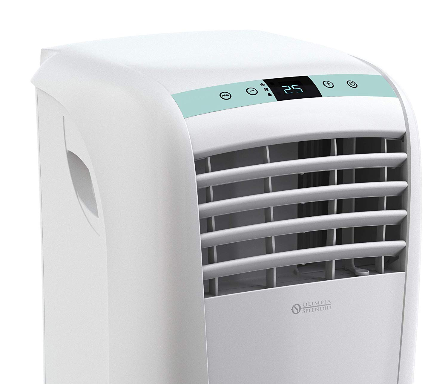 Aire acondicionado blanco con pantalla digital. Tiene una franja negra y verde menta.