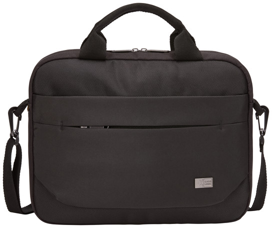 Zwarte laptoptas met handvat en schouderriem. Case Logic logo zichtbaar.
