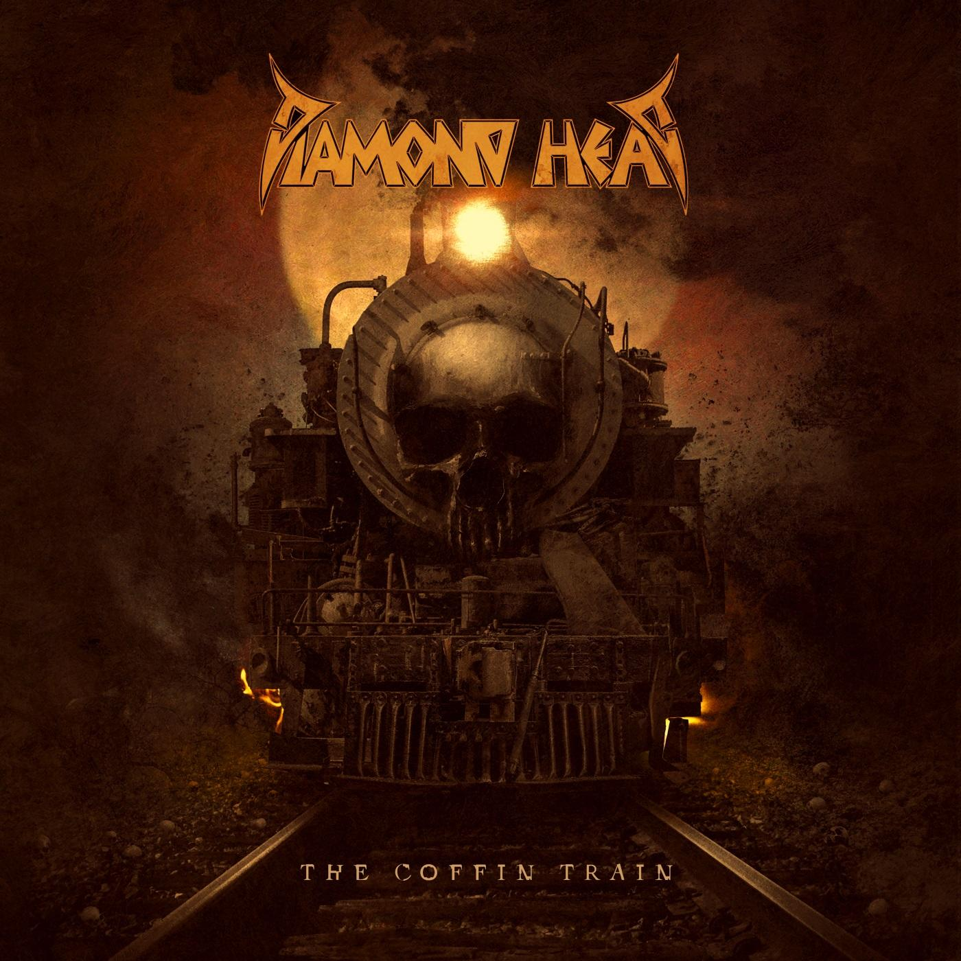 Ein Zug mit schädelartiger Front steht auf Gleisen. Das Diamond Head-Logo befindet sich oben, die Worte 'The Coffin Train' darunter.