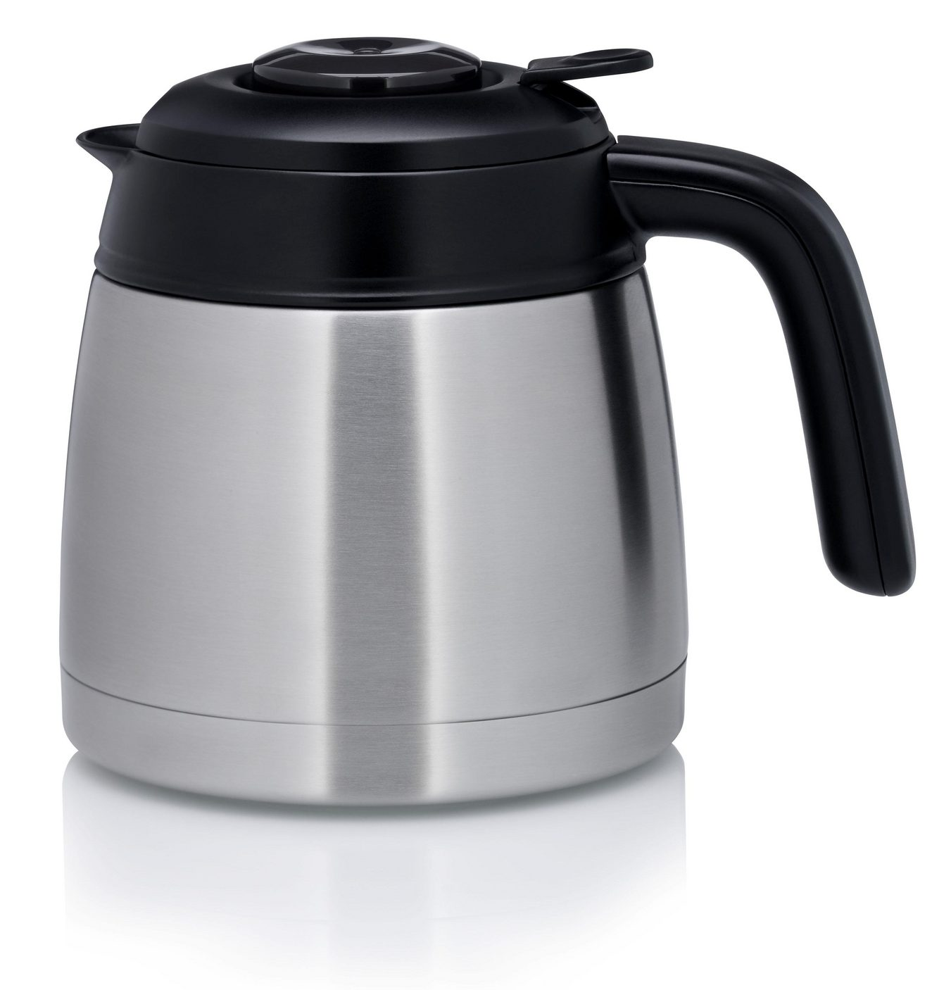 Isolierte Kaffeekanne aus Edelstahl mit schwarzem Deckel und Griff.