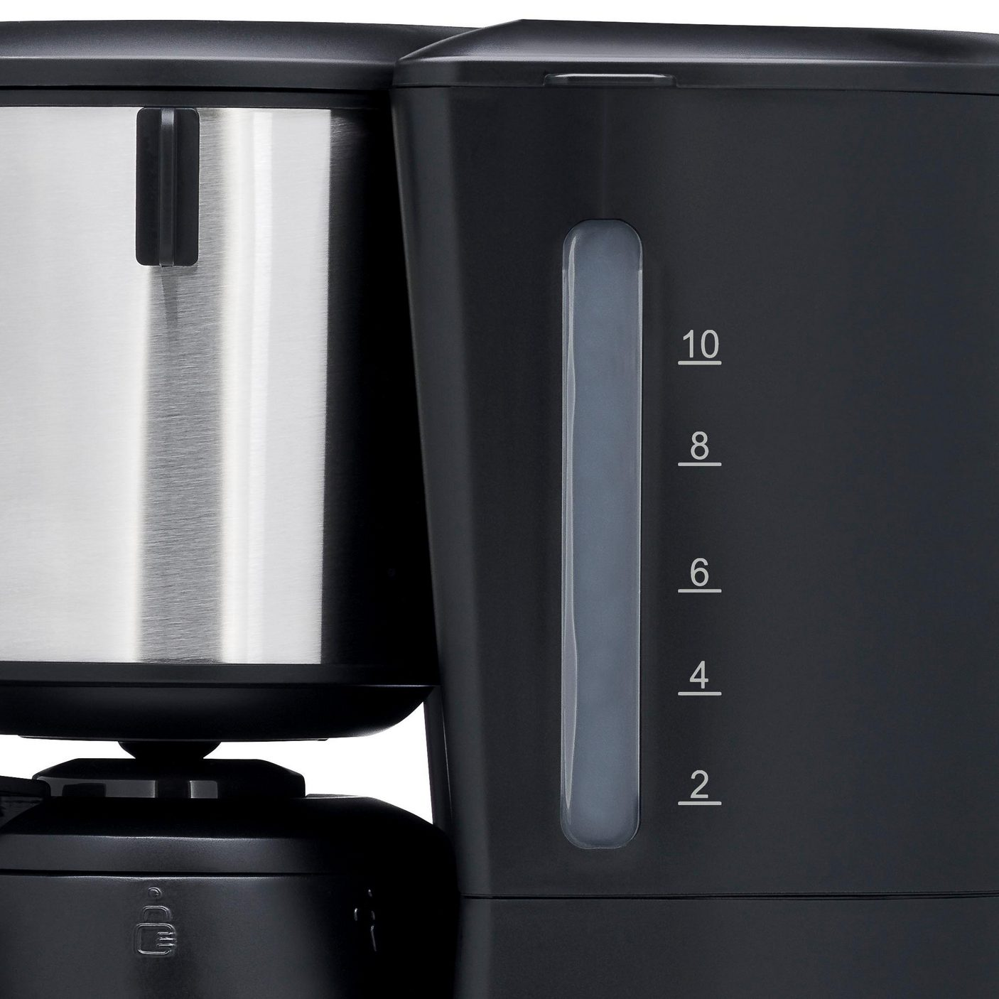 Schwarze Kaffeemaschine mit Wasserstandsanzeigen und einer Edelstahl-Thermoskanne.