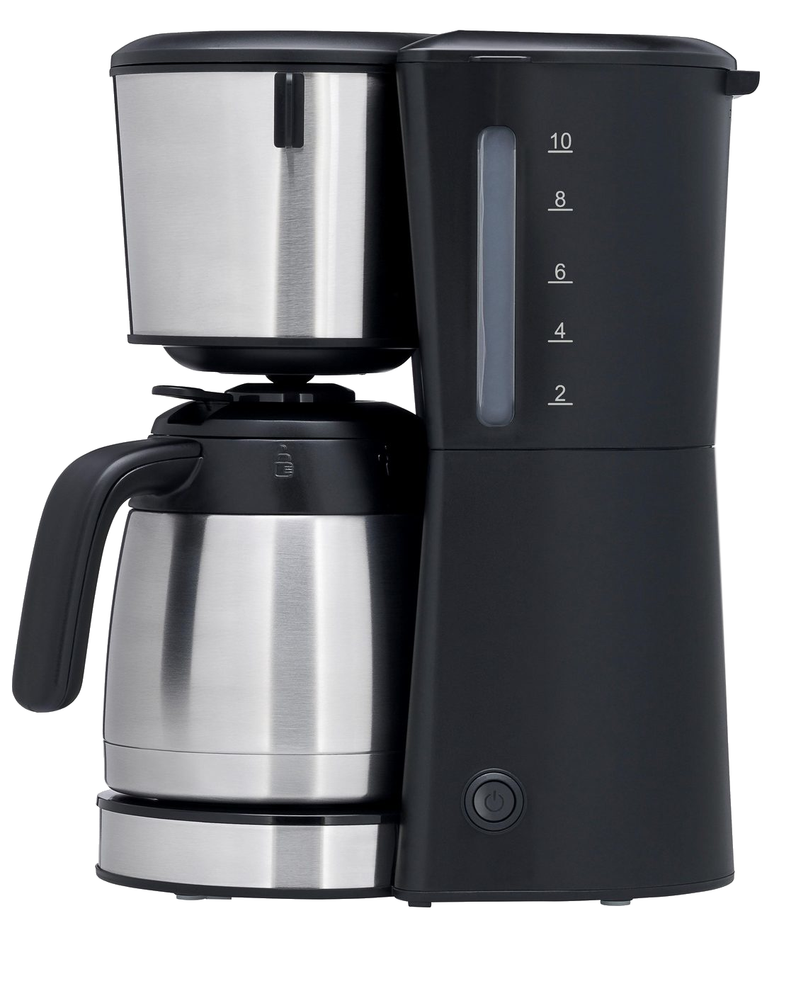 Schwarz-silberfarbene Kaffeemaschine. Der schwarze Korpus hat eine Wasserstandsanzeige. Weißer Hintergrund.