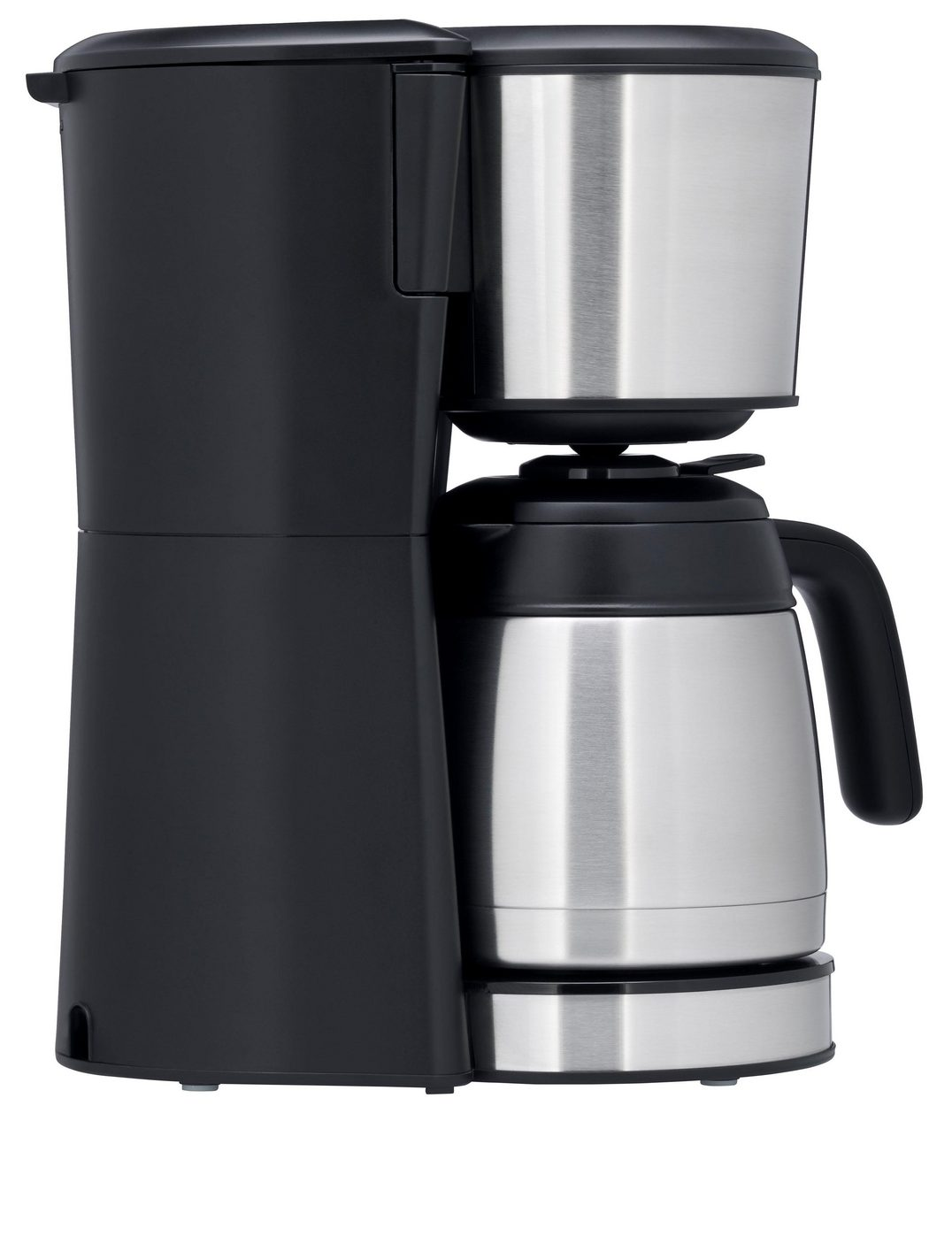 Schwarz-silberfarbige Kaffeemaschine. Edelstahl-Karaffe und schwarzes Gehäuse. Weißer Hintergrund.