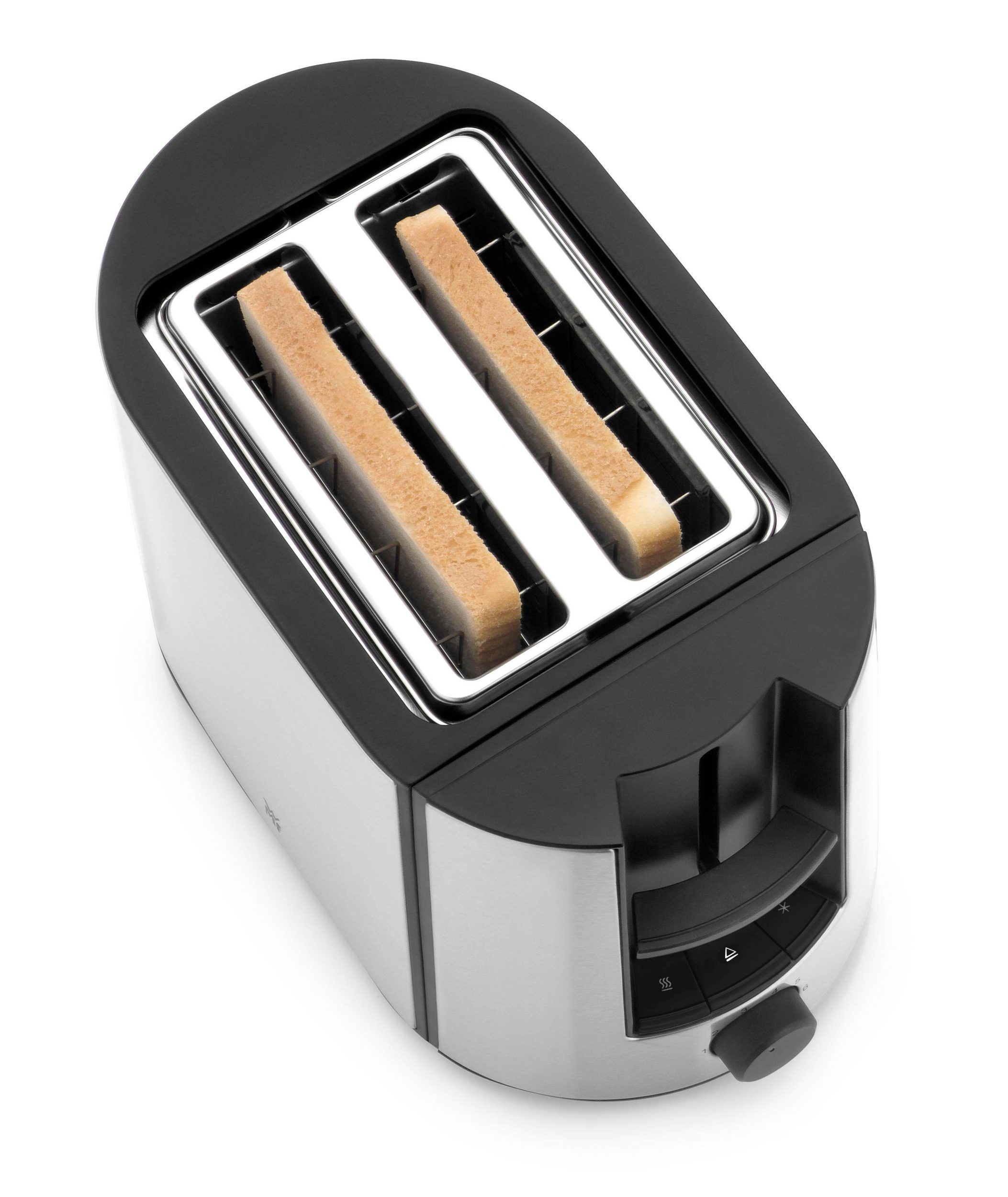 Ein silberner und schwarzer Toaster mit zwei Toastscheiben darin.