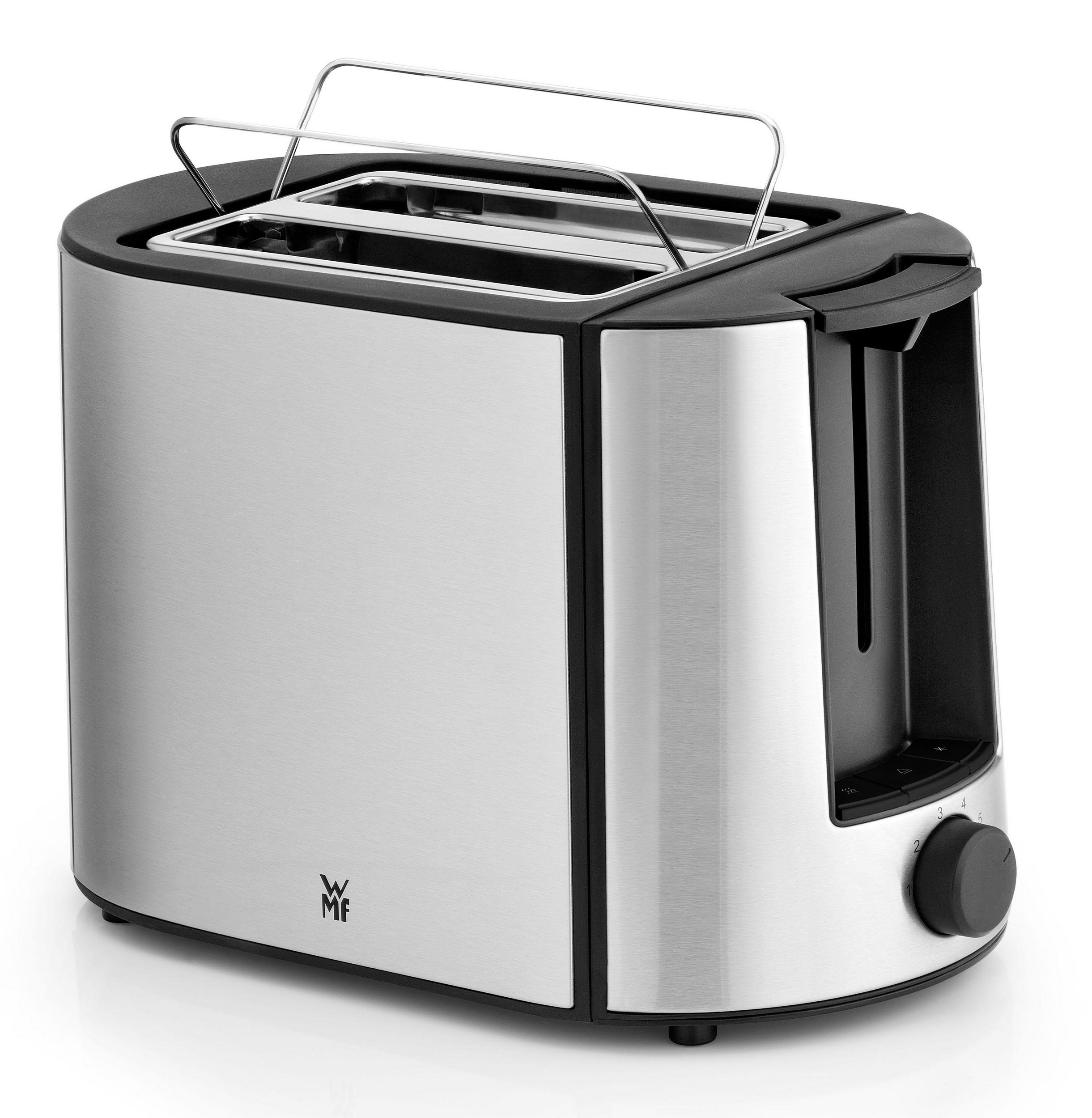 Silber-schwarzer Toaster mit zwei Schlitzen. Der Bedienknopf befindet sich an der Seite.