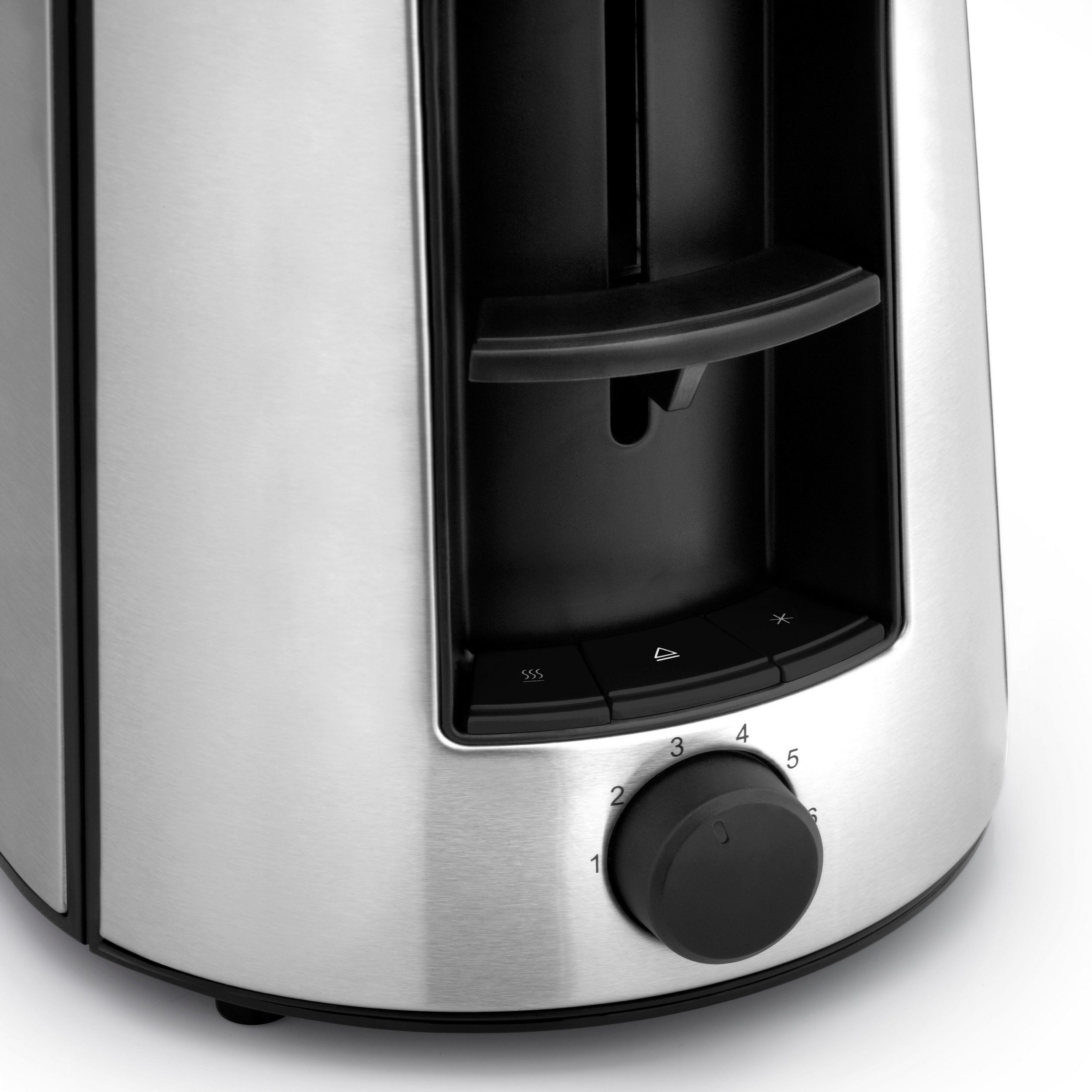 Toaster, der die Vorderseite mit einem Knopf und Schlitzen für Brot zeigt.