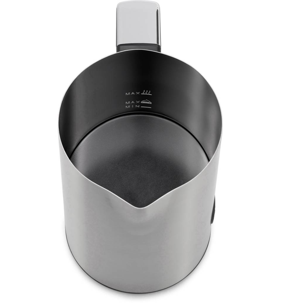 Edelstahl-Krug, Draufsicht. Verfügt über einen gebogenen Ausguss und einen Griff. Schwarz-Silber-Design.