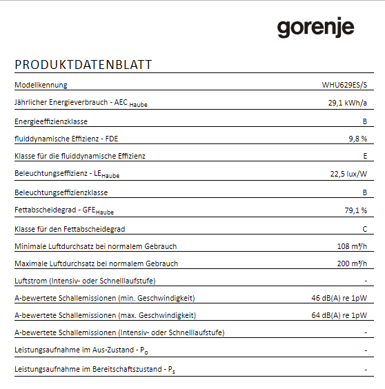 Ein Produktdatenblatt von Gorenje. Der Text listet Modell, Energieverbrauch und andere technische Details auf.
