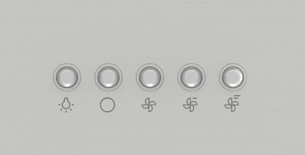 Nahaufnahme von fünf kreisförmigen Knöpfen auf hellgrauer Oberfläche. Symbole für Licht- und Lüftereinstellungen.