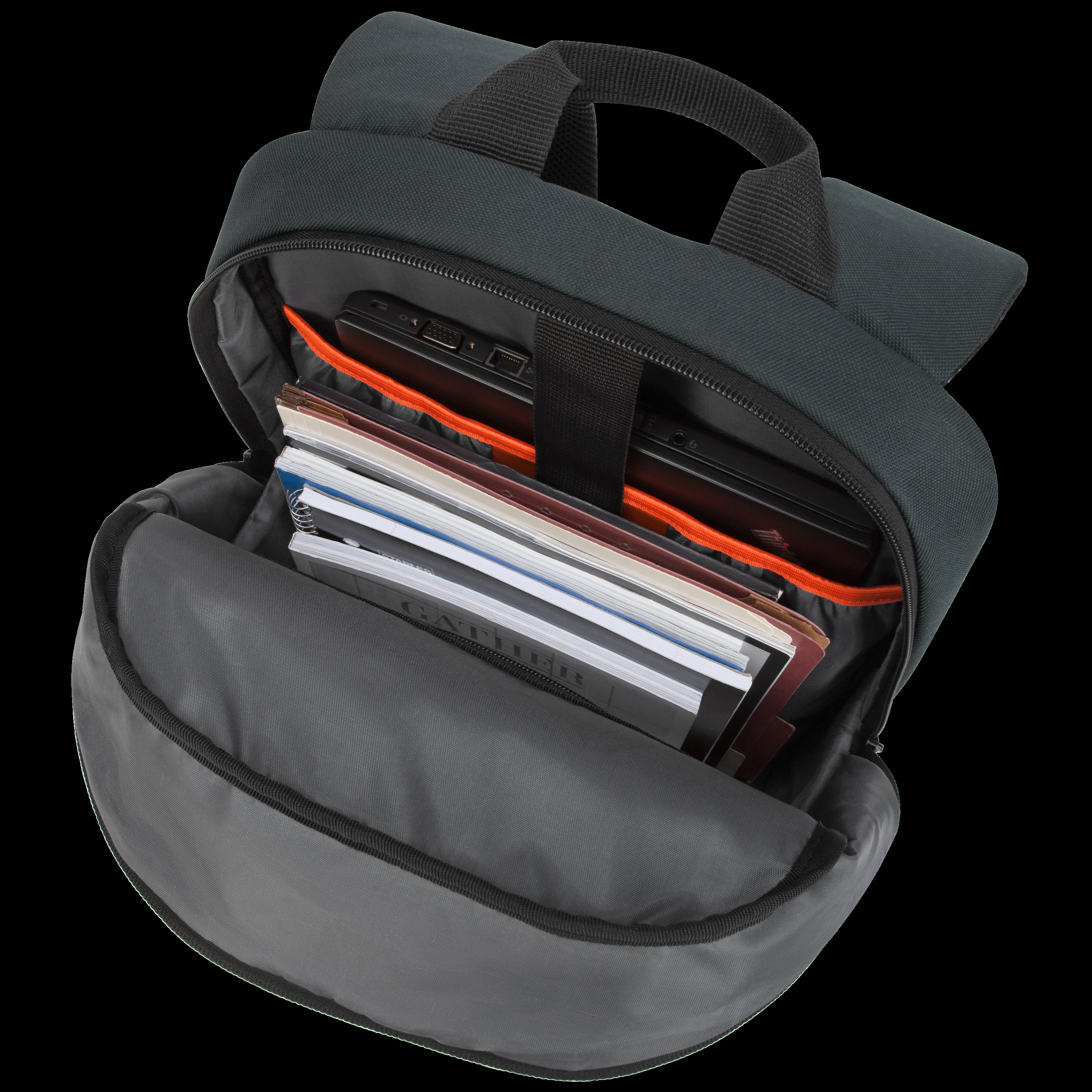 Offener grauer Rucksack mit Dokumenten, Laptop und kleiner Tasche innen.
