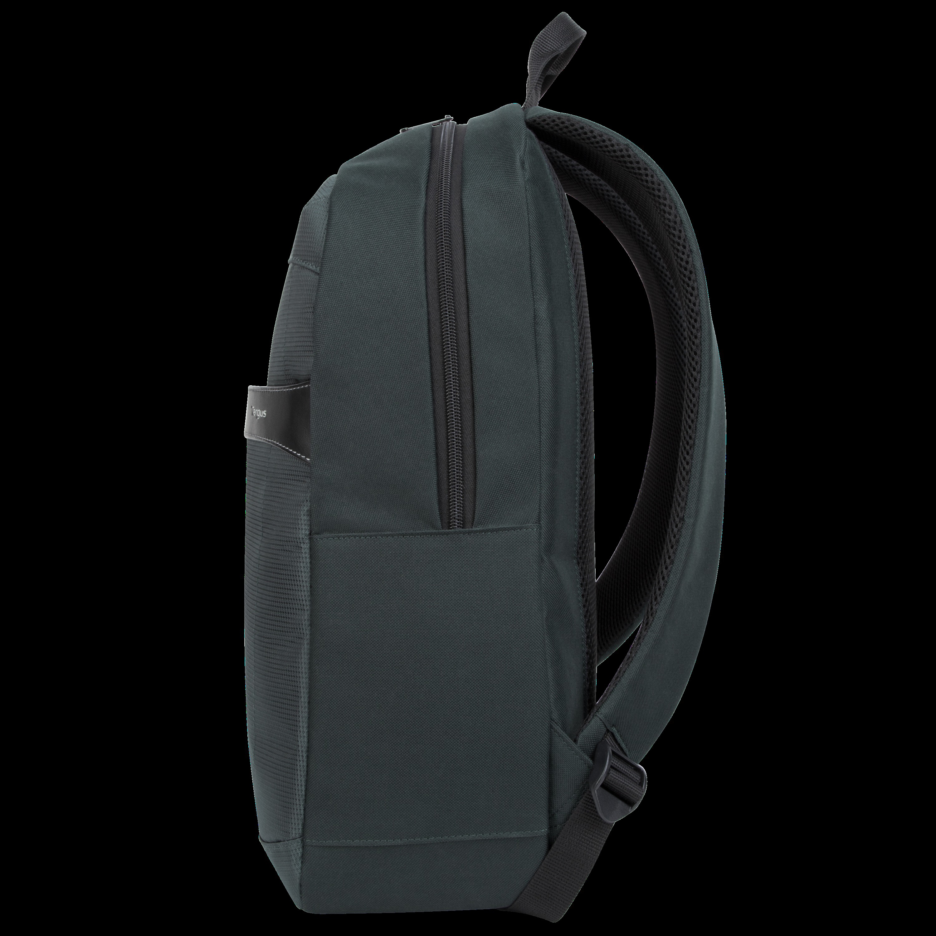 Dunkelgrüner Rucksack mit Seitentasche, schwarzem Reißverschluss und gepolstertem Rücken.