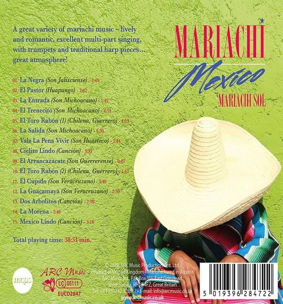 Mariachi Mexico CD-Cover mit Titelliste und Credits. Eine Person mit Sombrero im Hintergrund.