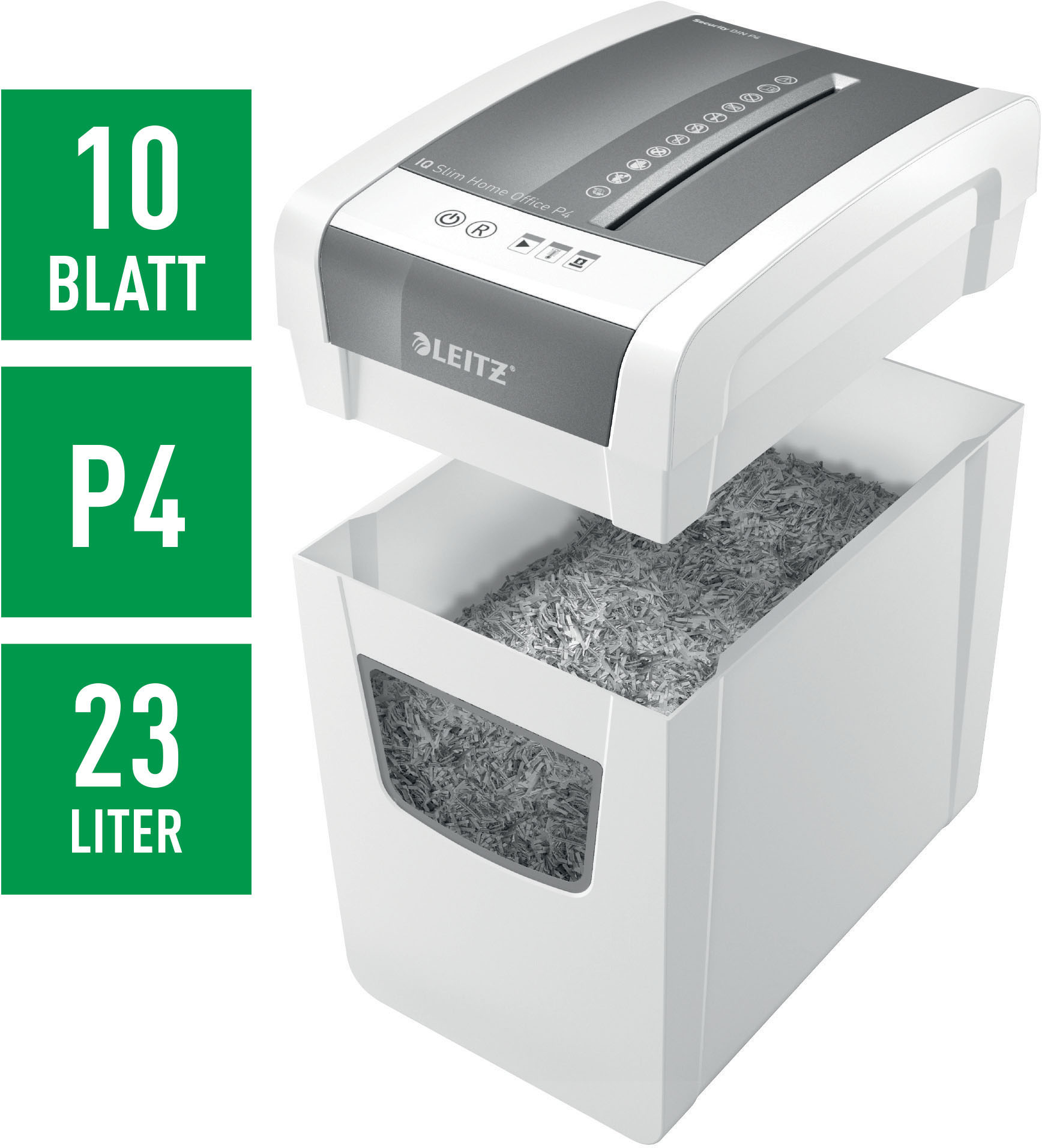 Weiß-grauer Aktenvernichter mit grünen Etiketten für Kapazität (10 Blatt, P4, 23 Liter).