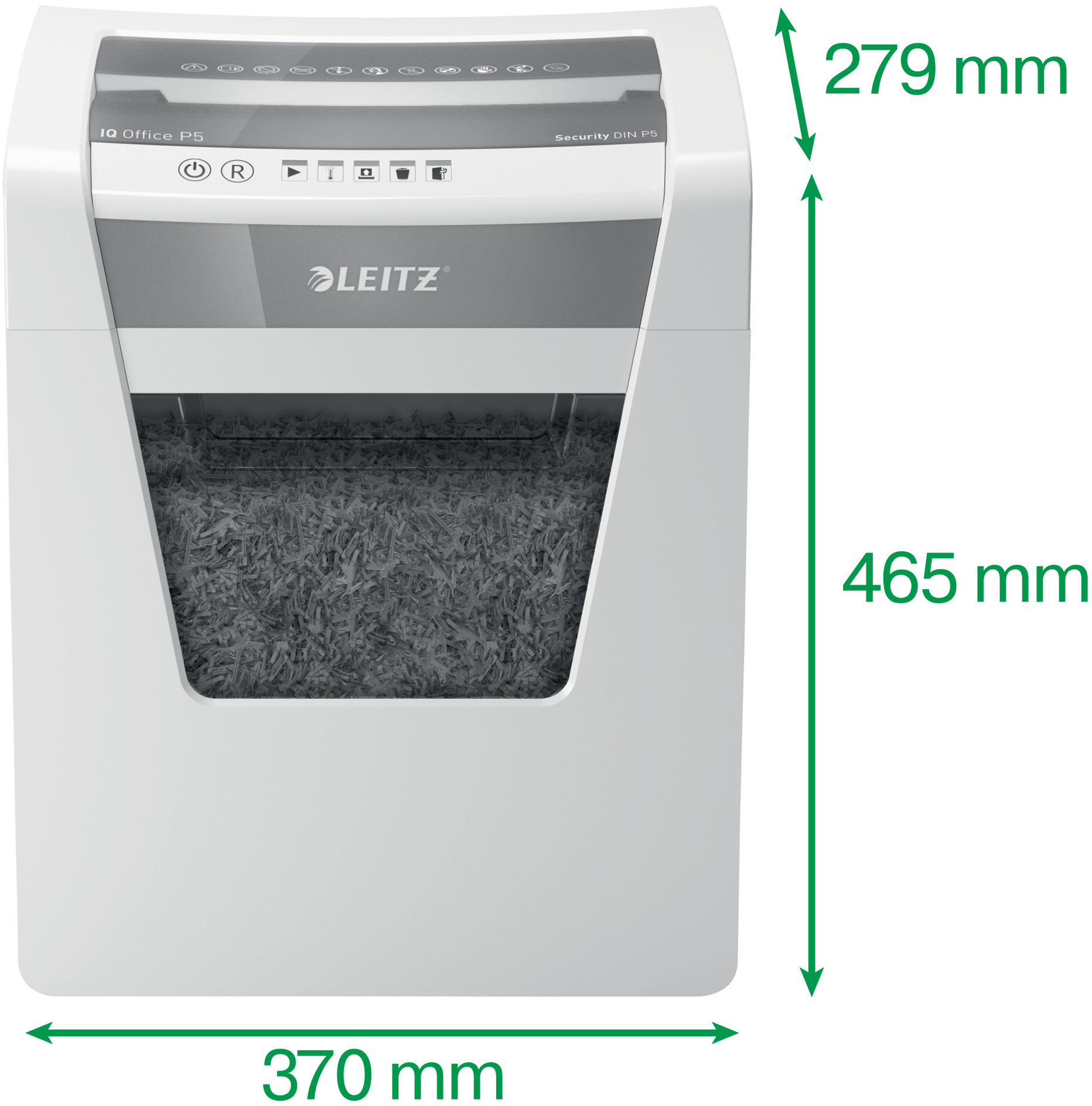 Ein weißer Leitz IQ Office P5 Aktenvernichter mit zerkleinertem Papier. Maße: 370x279x465 mm.