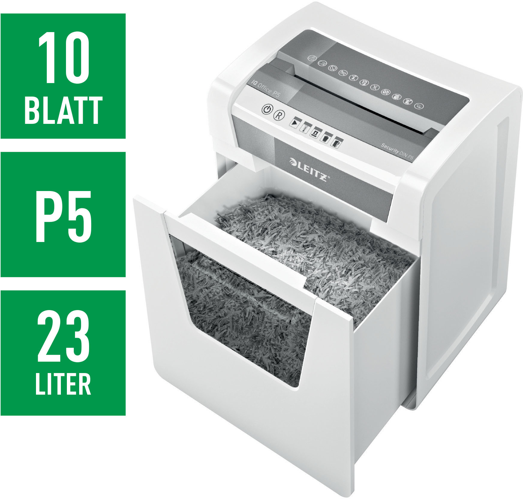 Ein weißer Aktenvernichter mit einer Schublade voller geschreddertem Papier. Grüne Kästen zeigen Spezifikationen: 10 Blatt, P5-Sicherheit und 23 Liter.