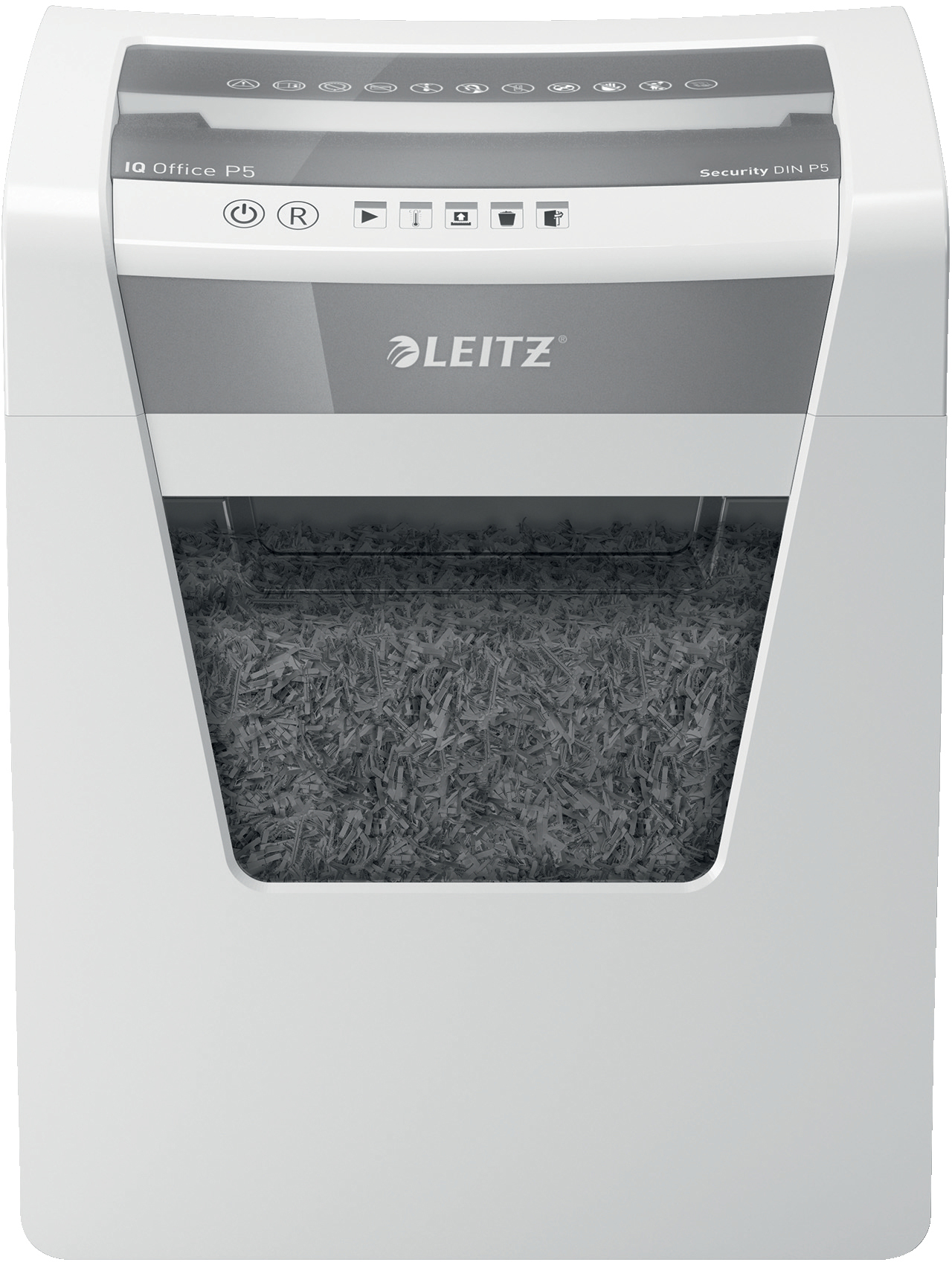 Ein weiß-grauer Leitz IQ Office P5 Aktenvernichter. Zerkleinertes Papier füllt die untere Kammer.