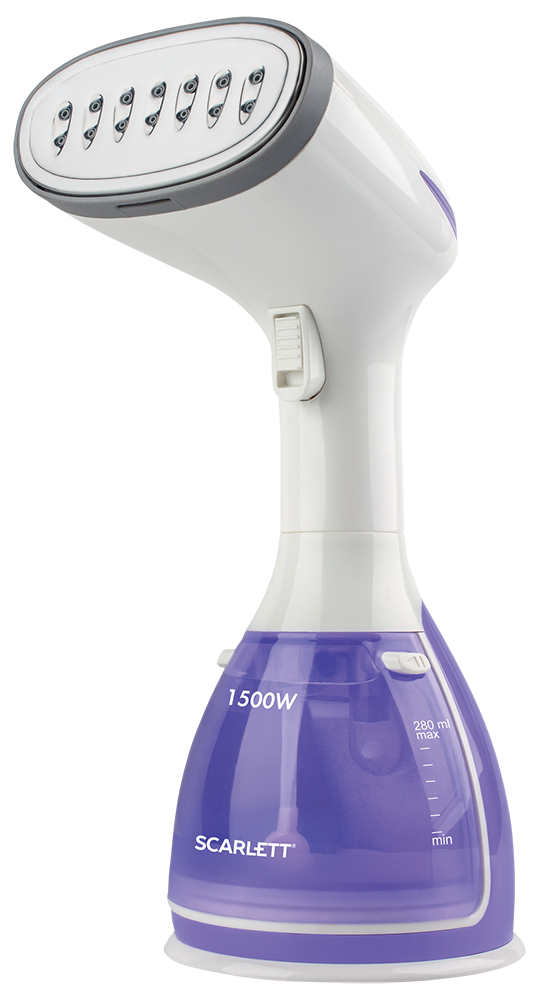 Fehér és lila ruhagőzölő. A víztartály lila, a fogantyú fehér, az alap fekete.