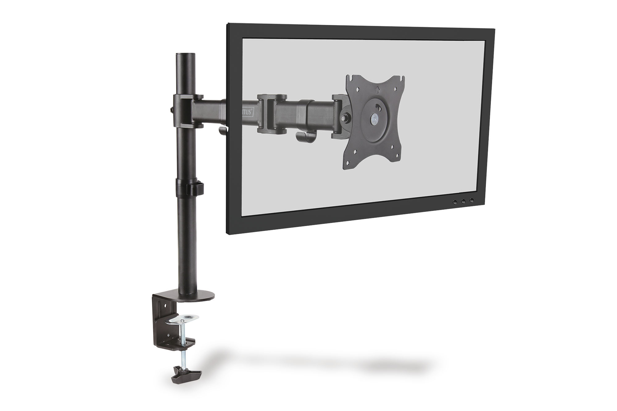 Ein Monitor ist an einem schwarzen Arm mit einer Klemme befestigt. Der Bildschirm ist schwarz.