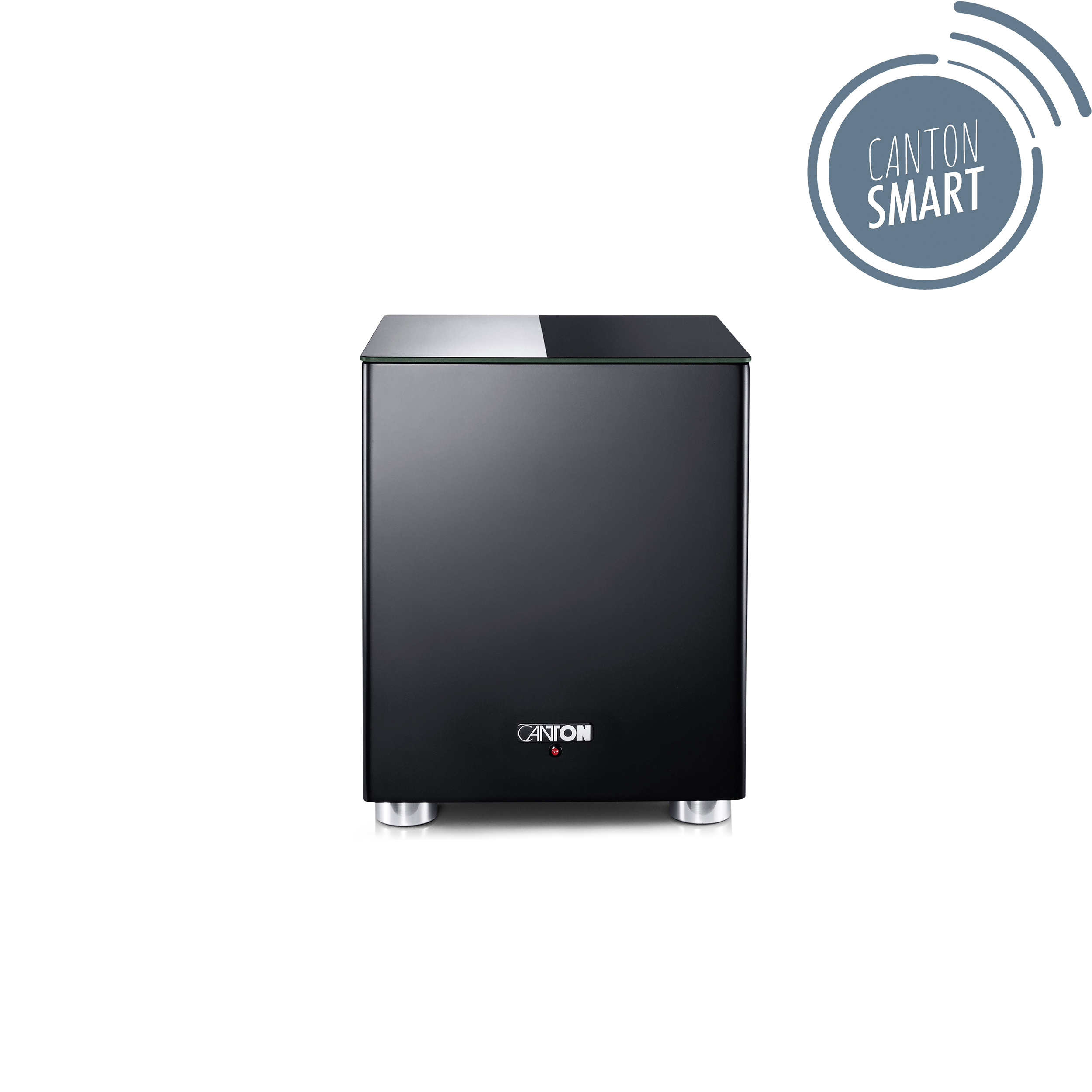 Schwarzer Canton-Subwoofer mit glänzender Oberseite, silbernen Füßen und einem 'CANTON SMART'-Logo.