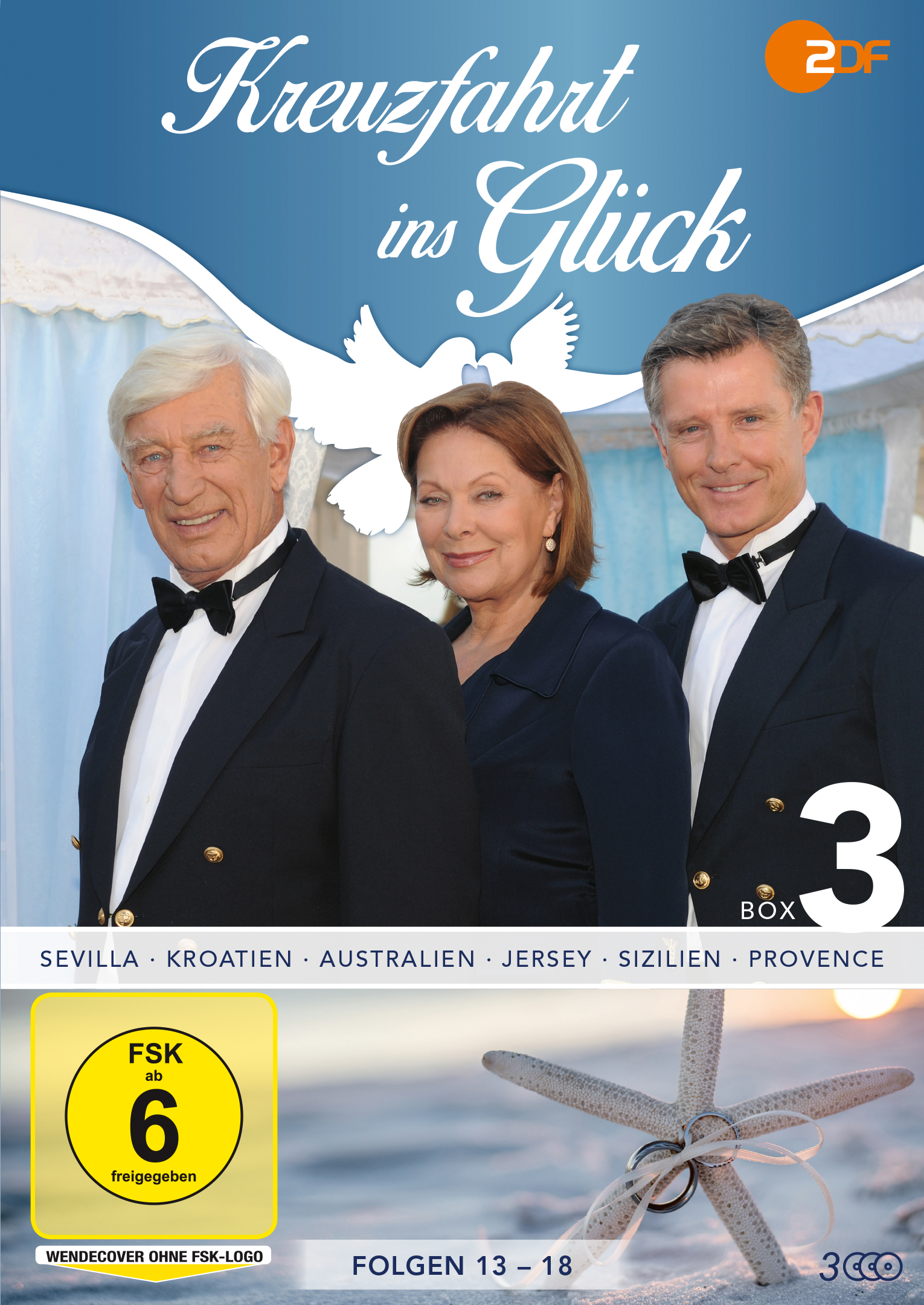 DVD-Cover. Drei Personen am Strand. Titel: Kreuzfahrt ins Glück. Meer und Himmel im Hintergrund.