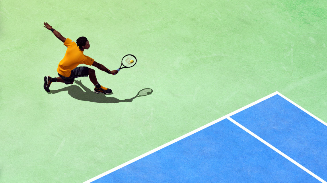 Joueur de tennis en plein swing sur un court vert et bleu. Balle visible.
