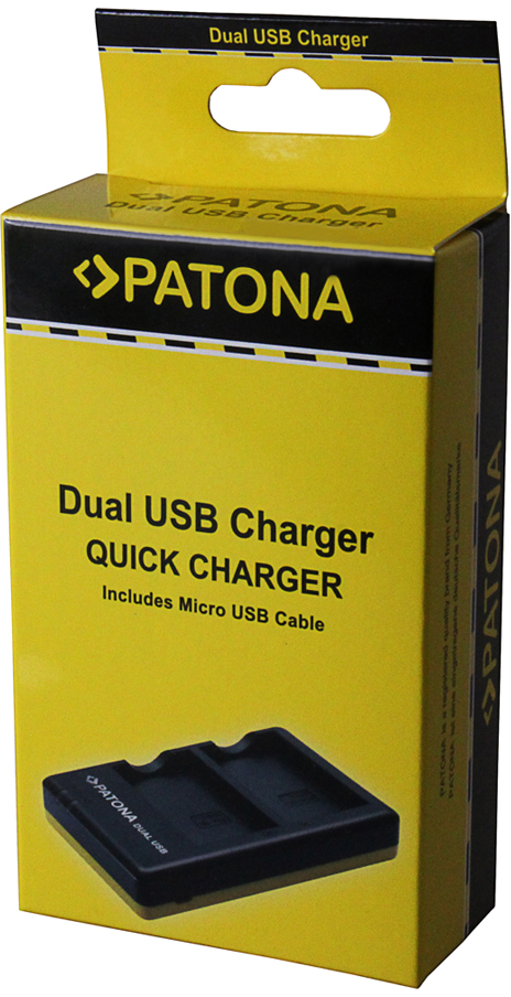 Boîte pour chargeur USB double montrant un chargeur noir et un câble.