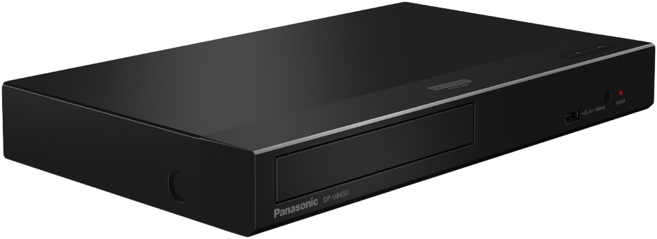 Fekete Panasonic Blu-ray lejátszó. Lemez tálcával, bekapcsoló gombbal, Ultra HD logóval.