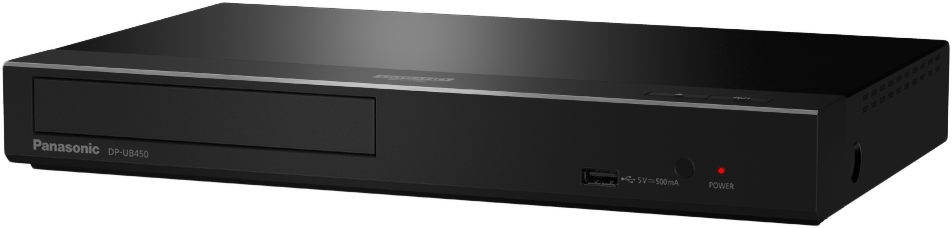 Fekete Panasonic DP-UB450 Blu-ray lejátszó. USB port és jelzőfény látható. Fekete háttér.