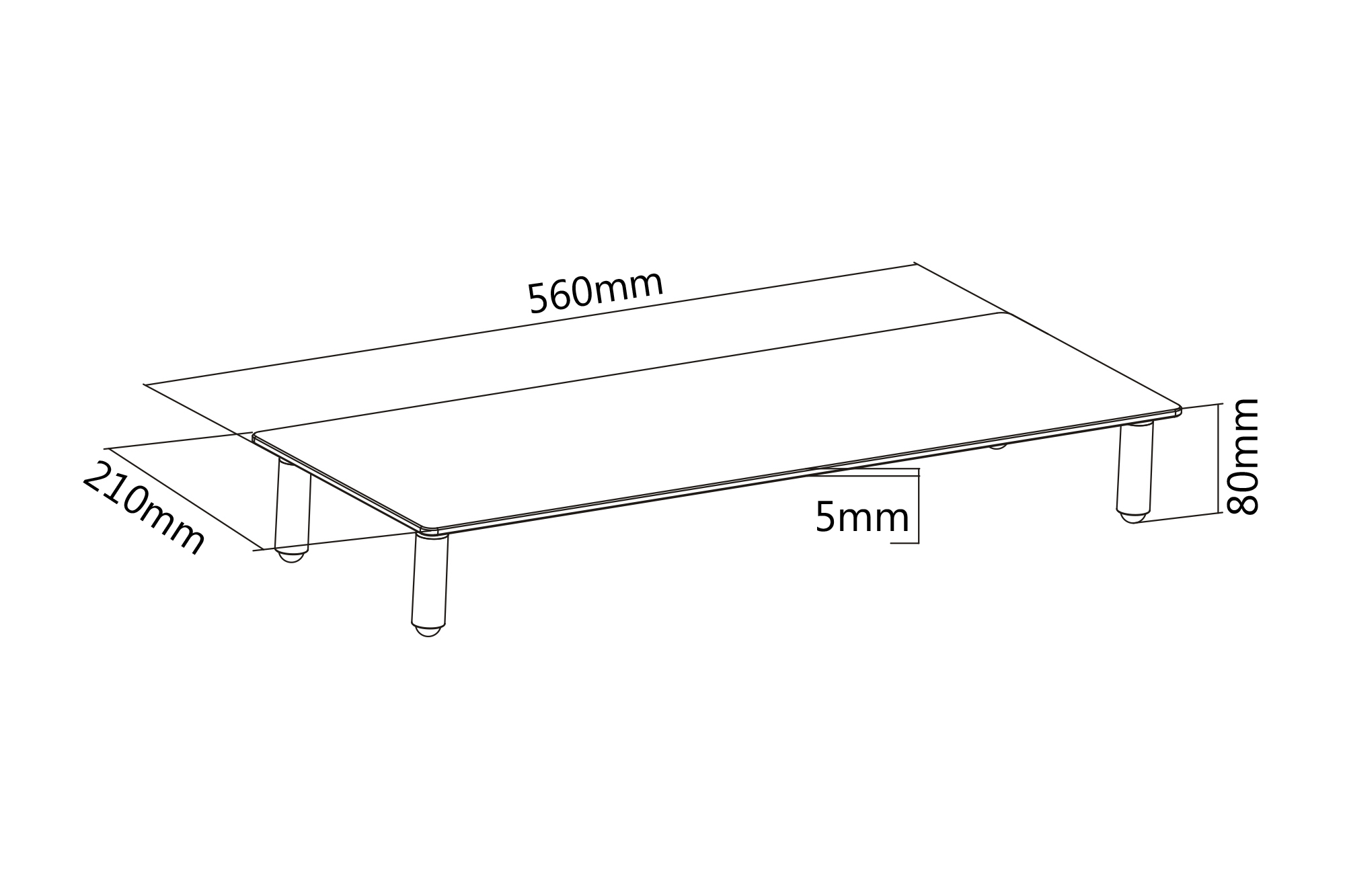 Eine Diagramm eines rechteckigen Tisches. Abmessungen sind angegeben. Beine sind zylindrisch.