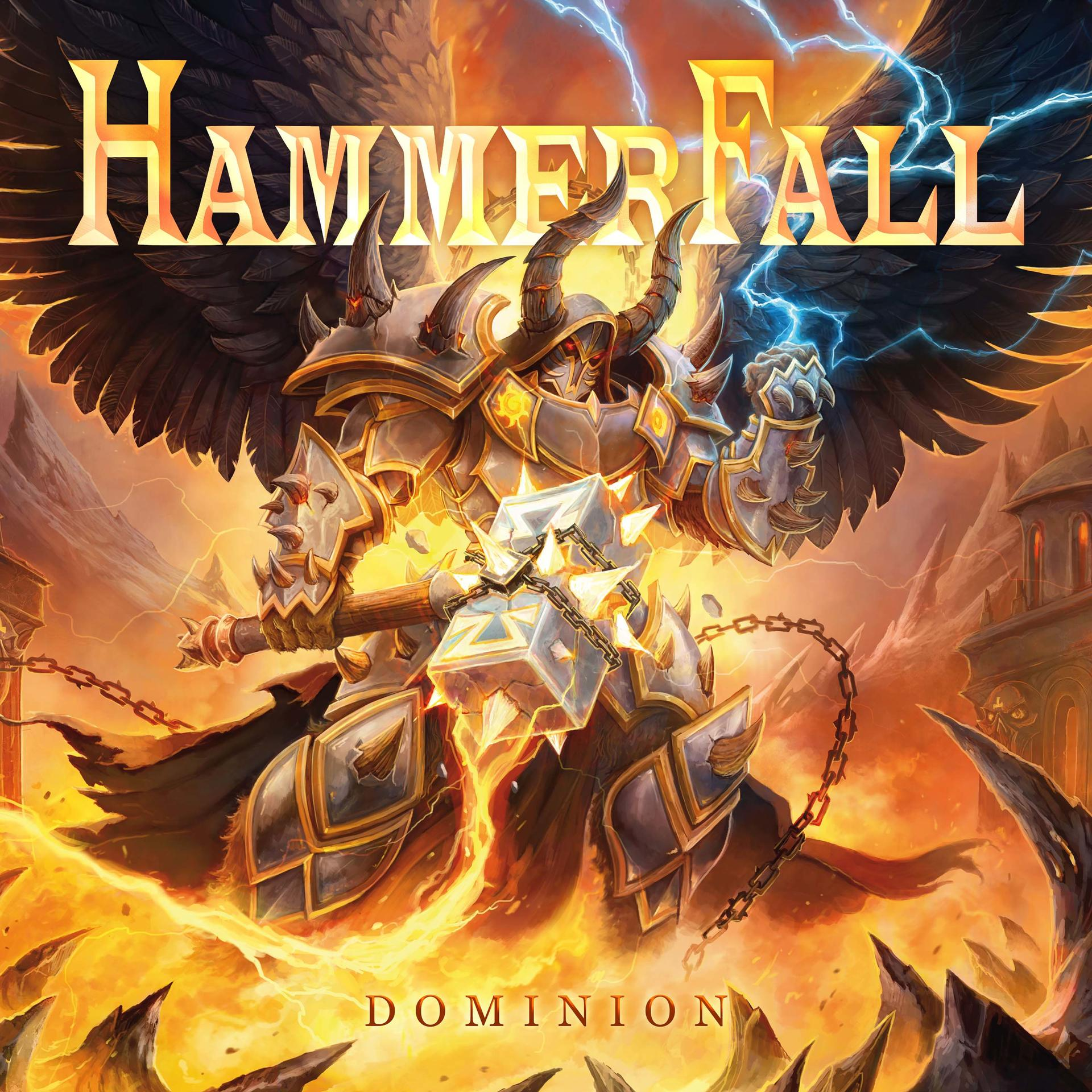 Pochette d'album: Hammerfall, chevalier en armure avec un marteau et un fond en feu.