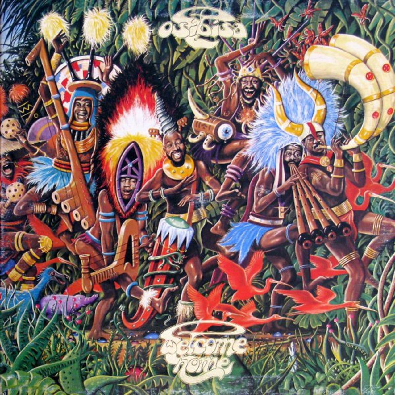 Albumcover: Menschen in Stammeskostümen spielen Instrumente in einem Dschungel, Vögel fliegen.
