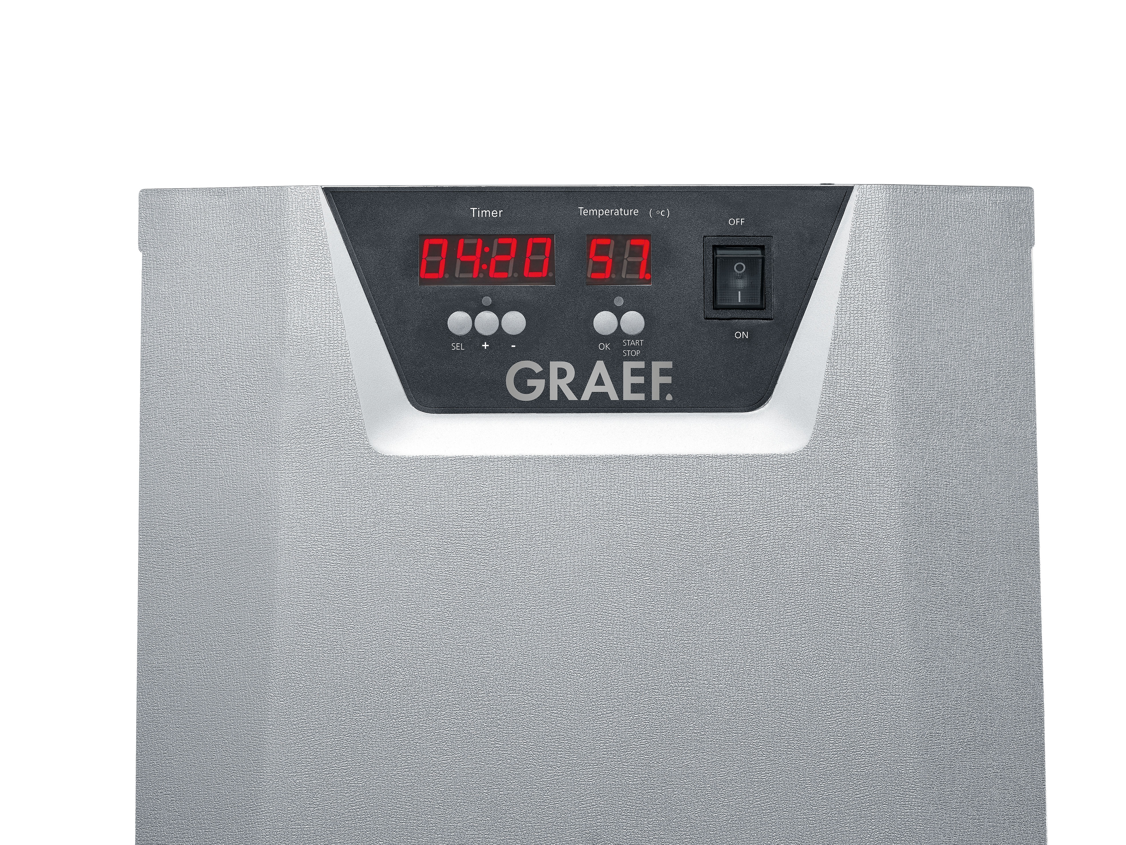 Nahaufnahme der Anzeige eines GRAEF-Geräts. Es zeigt Zeit und Temperatur.