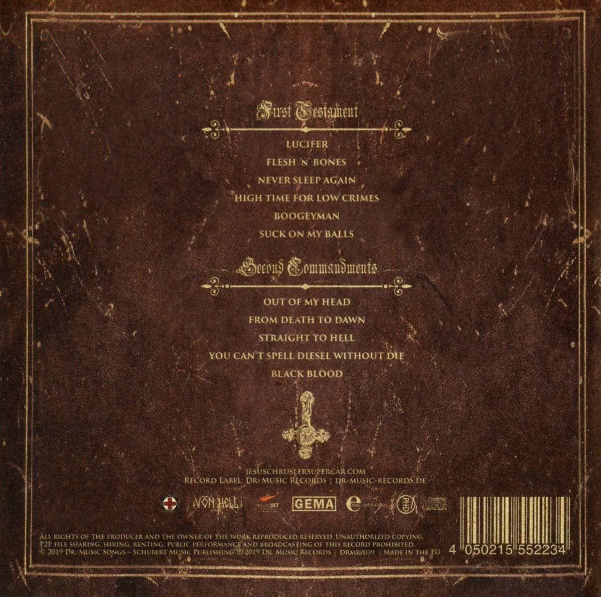 Rückseite einer CD mit Titelliste des Albums, Text auf abgenutztem, Vintage-Hintergrund.