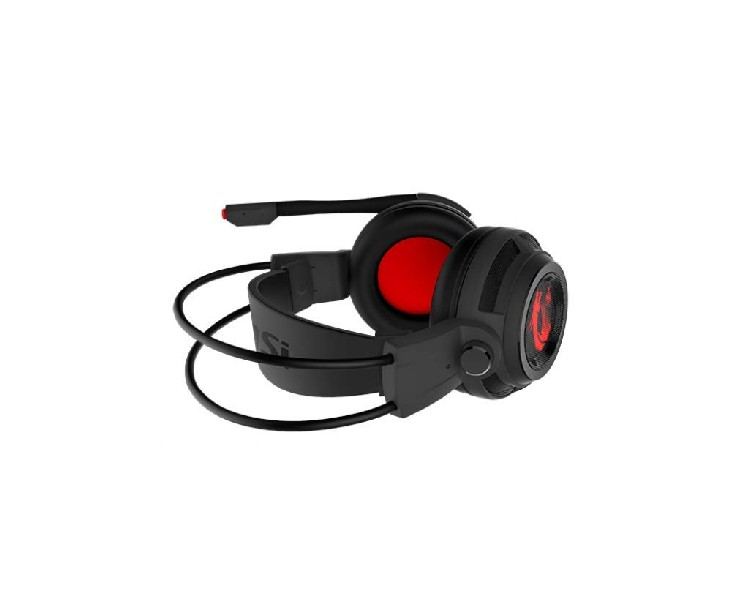Auriculares gaming negros con detalles rojos, micrófono adjunto. Los auriculares están en ángulo.