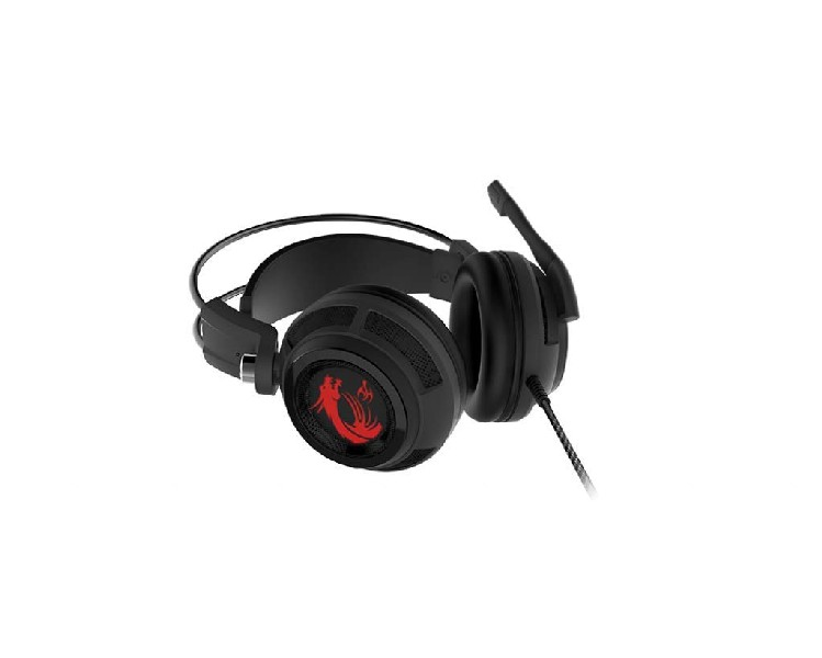 Auriculares gaming negros con logo rojo y micro incorporado.
