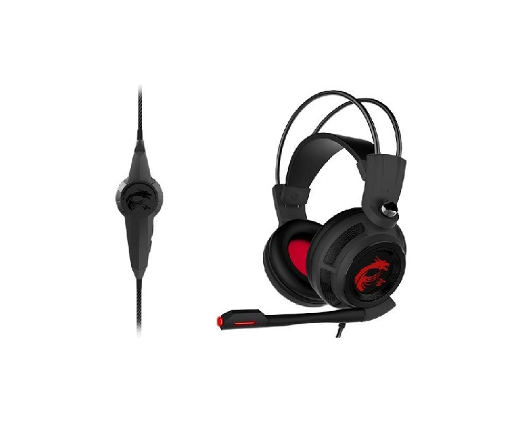 Auriculares para juegos negros con detalles rojos, micrófono y el logo del dragón MSI.