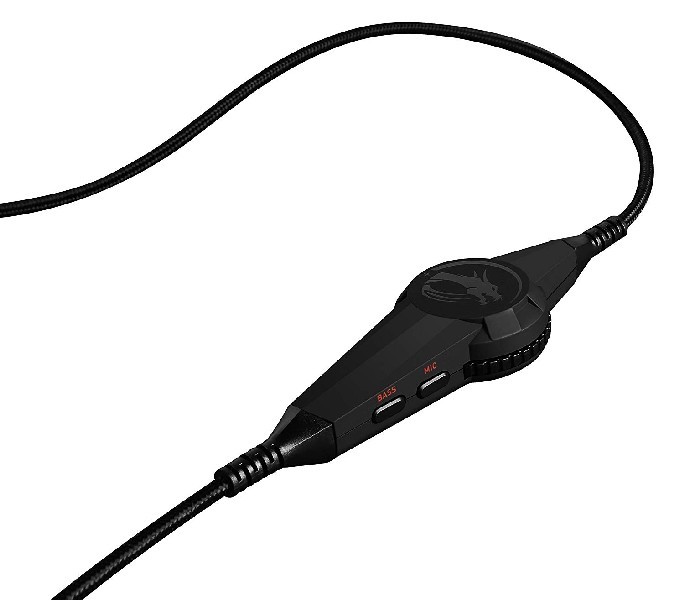 Control de auriculares negro con botones de bajos y micro.