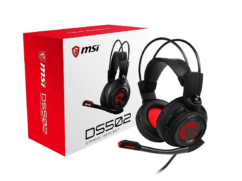 Auriculares y caja: Auriculares para juegos negros y rojos con micrófono.