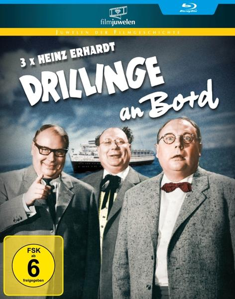 DVD-Cover mit drei Männern auf einem Boot. Der Titel lautet 'Drillinge an Bord'.