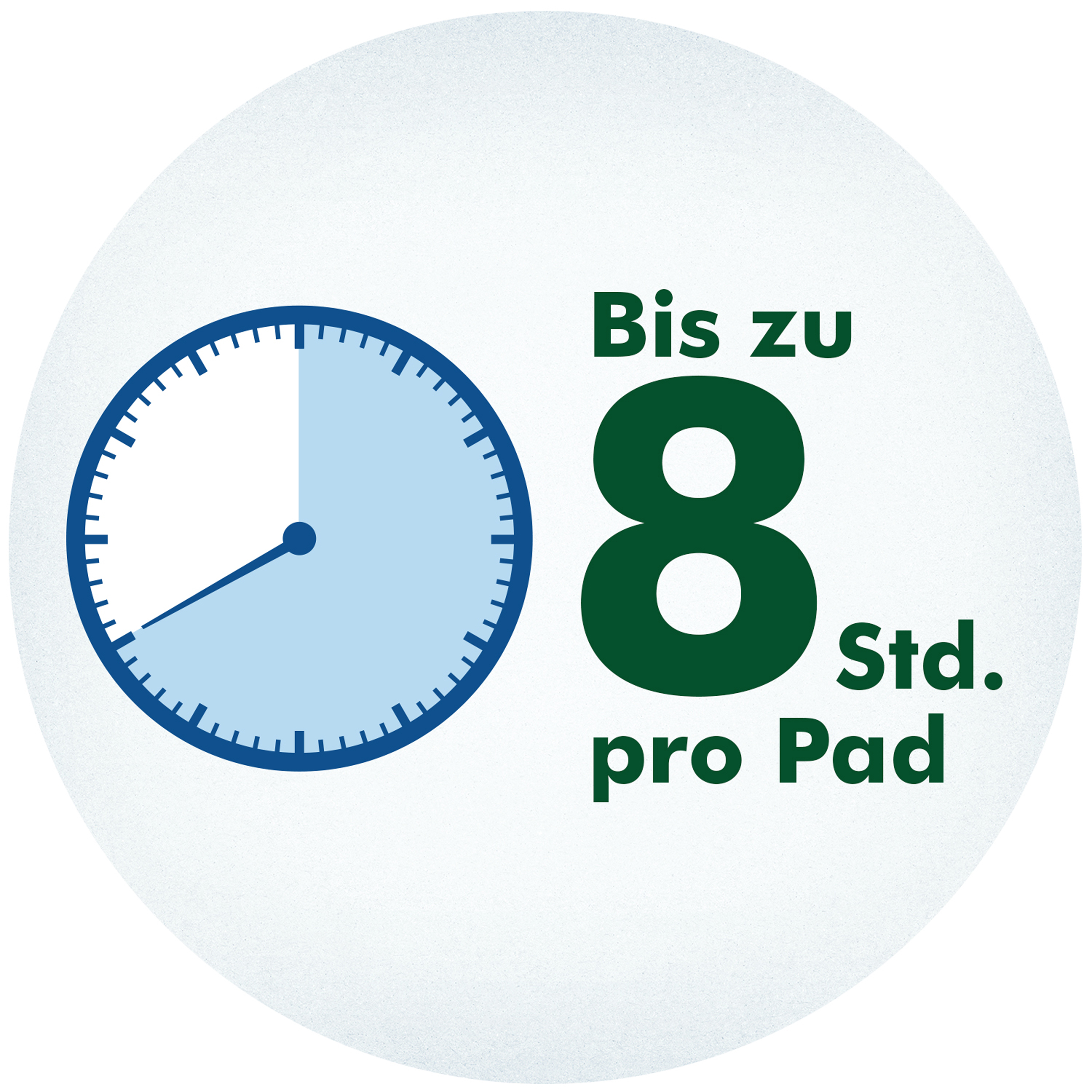 Ein weiß-blauer Kreis mit einer Uhr, der Zahl 8 und den Worten 'pro Pad'.