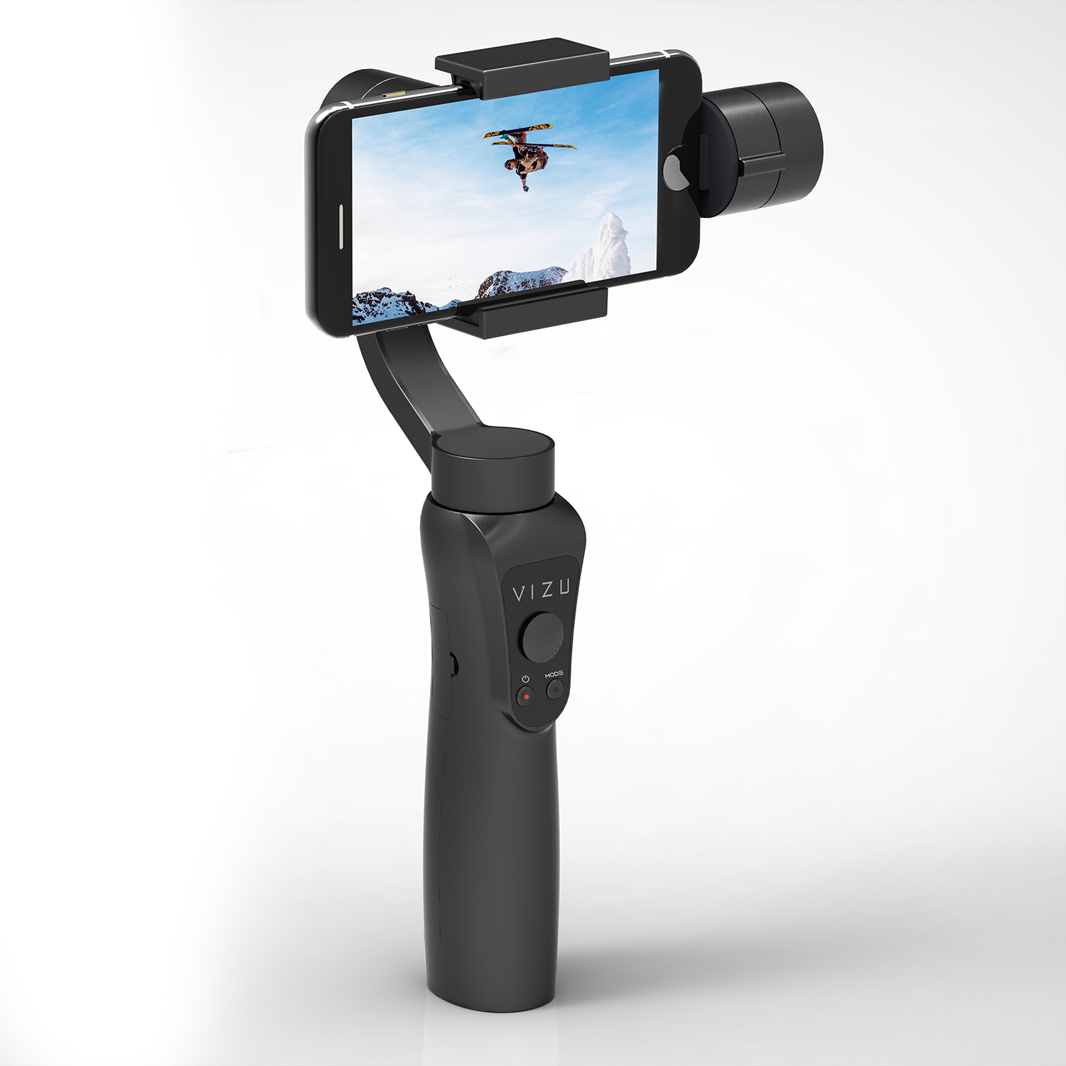 Black gimbal with a phone displaying a skier in a snowy mountain.