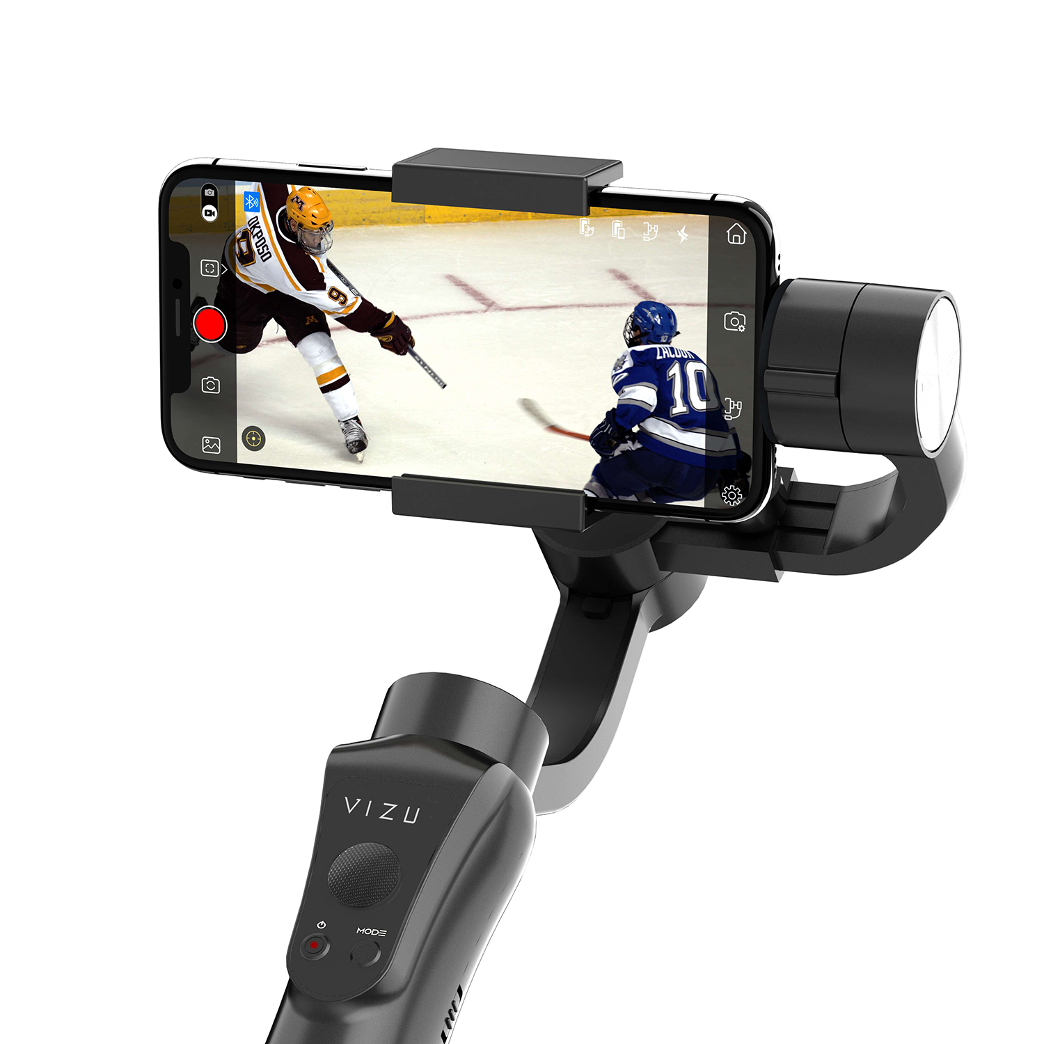 Smartphone in a black Vizu gimbal. Shows a hockey game. White background. The gimbal is held upright.