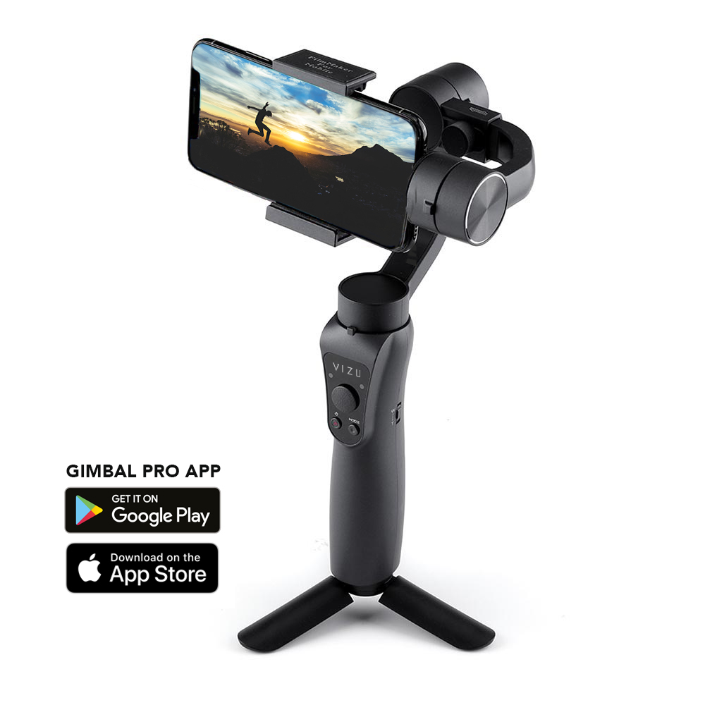 A black Vizu gimbal with a phone attached, showing a phone app screen.