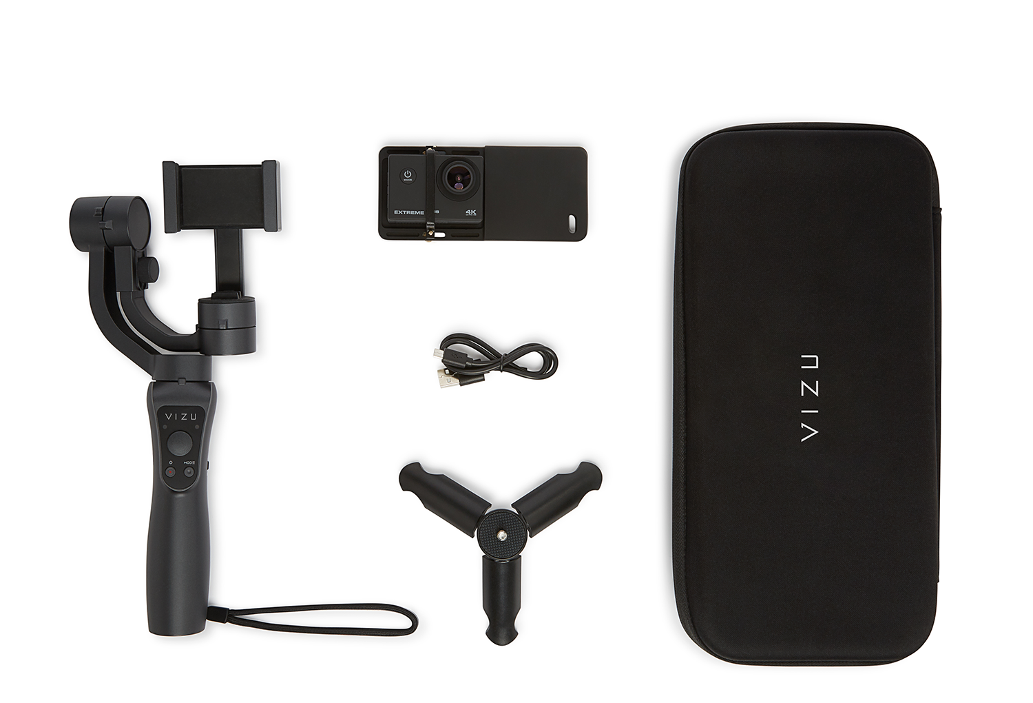Vizu action camera kit, with a gimbal stabilizer, tripod, case, and charging cable.