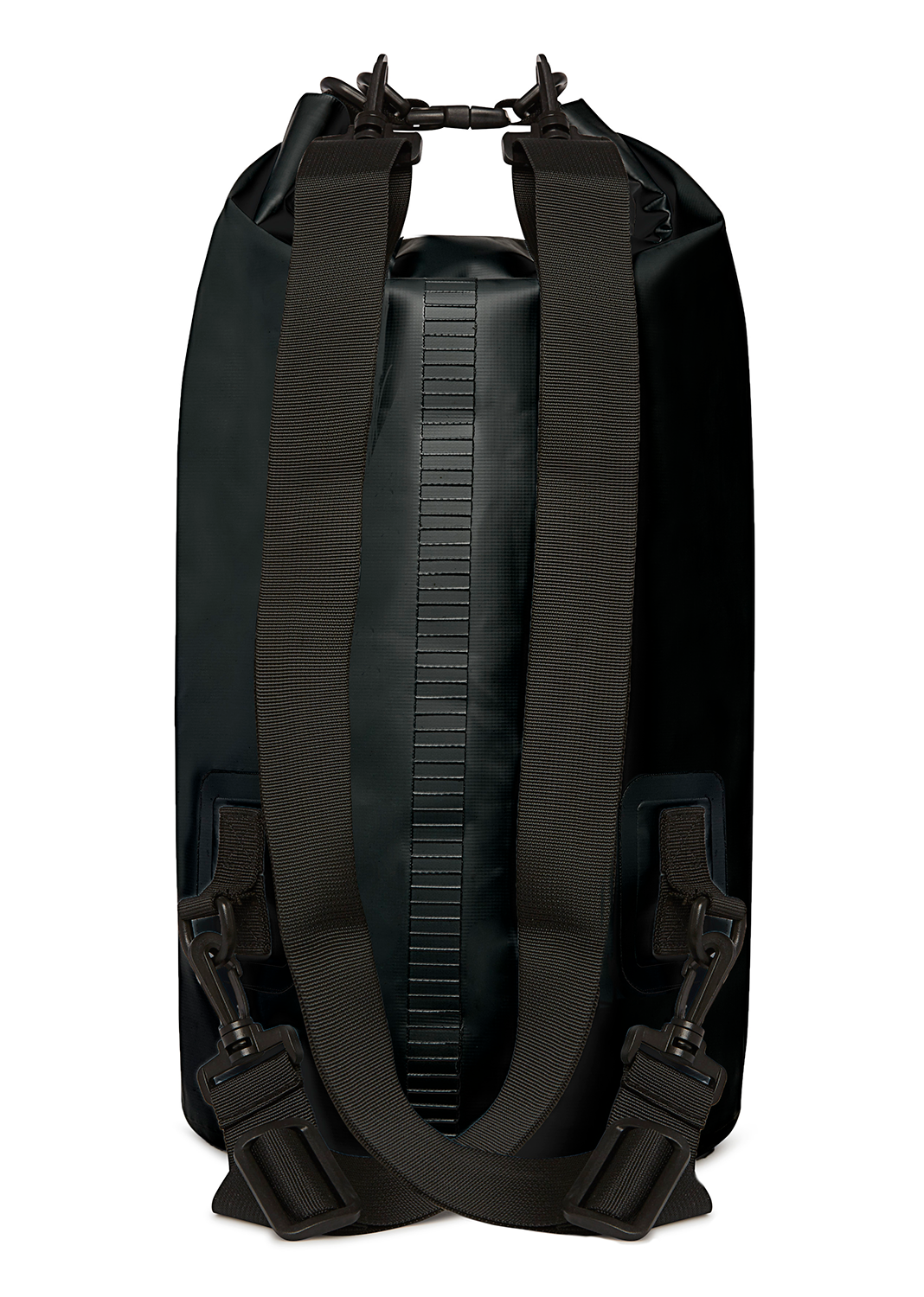 Black backpack with shoulder straps and clips. The bag has a vertical ridged design down the middle and a white background.