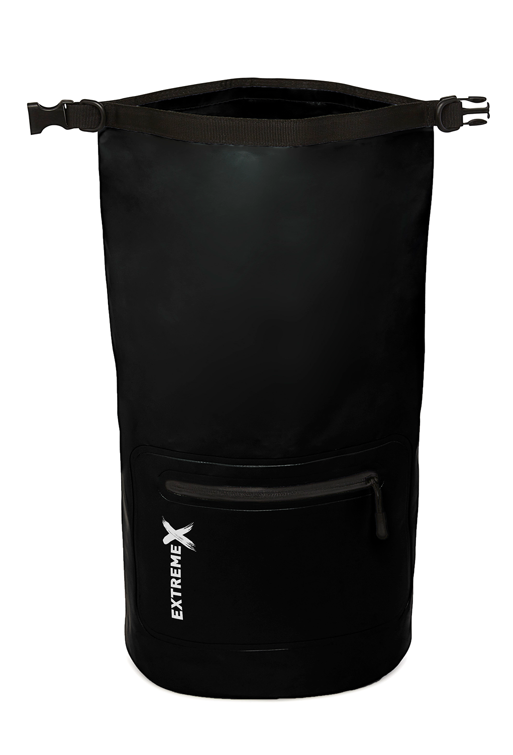Black waterproof bag with a pocket. Has a zip and the logo 'EXTREME X'. Top has a buckle closure. Isolated on white.